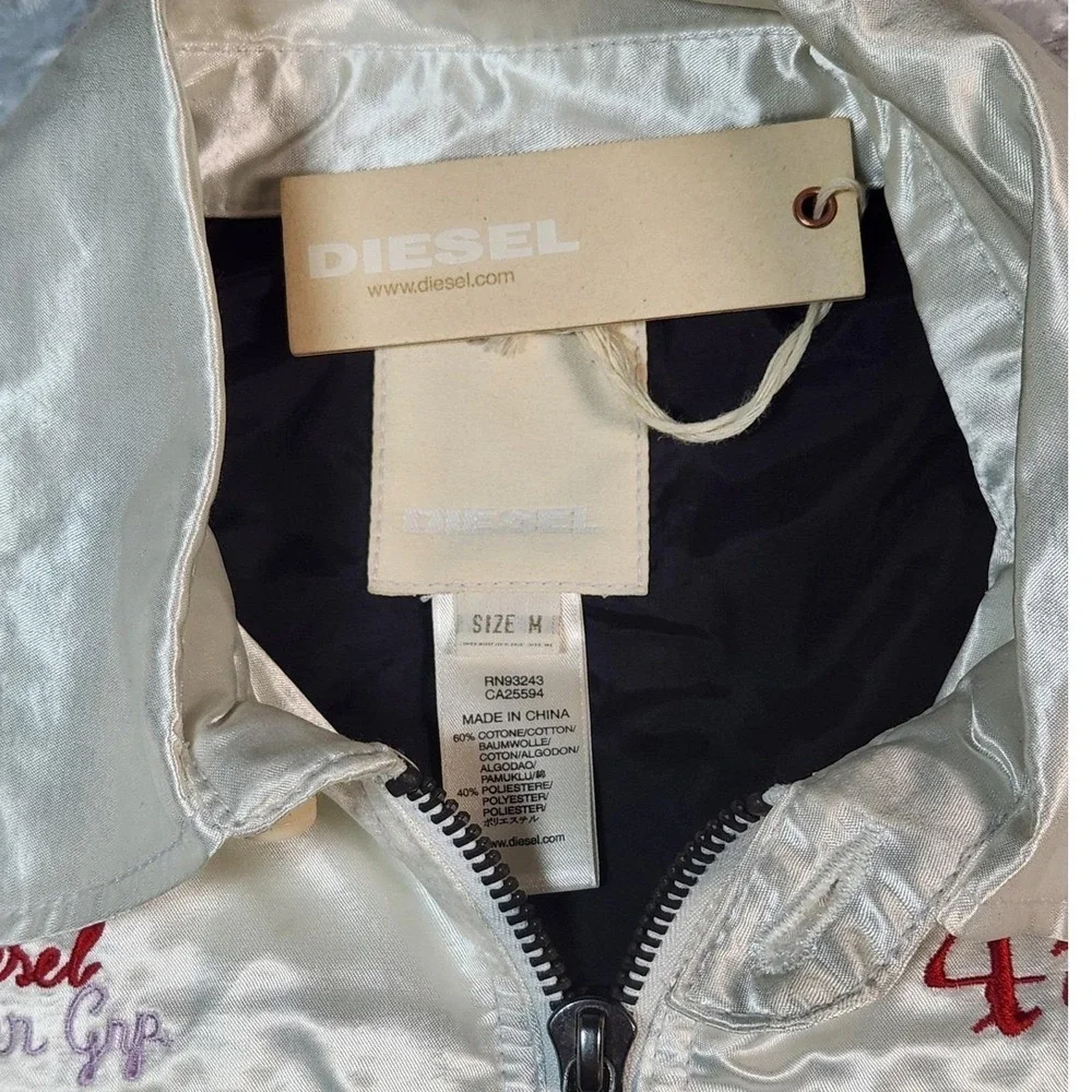 NWT Diesel Satin Bomber Jacket Panther Embroidery - Silver/White Size M Rare VTG